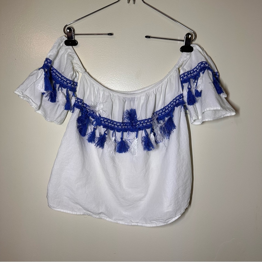 Blue Rain White Top with Blue Tassels